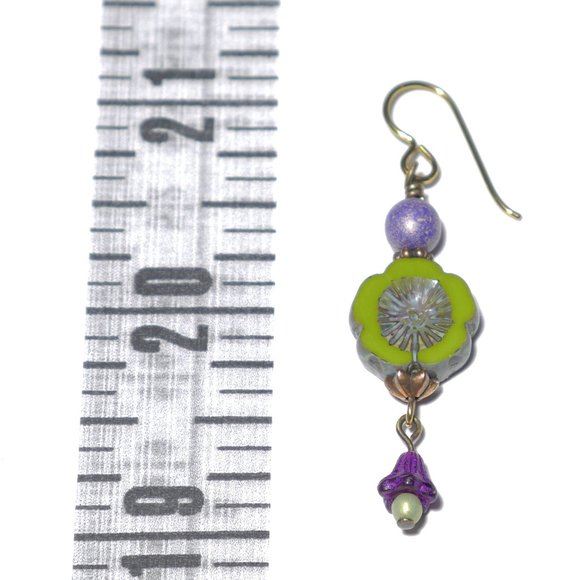 Hand Crafted Handmade Earrings Green & Purple Czech Glass Long Flower Earrings - Picture 4 of 5